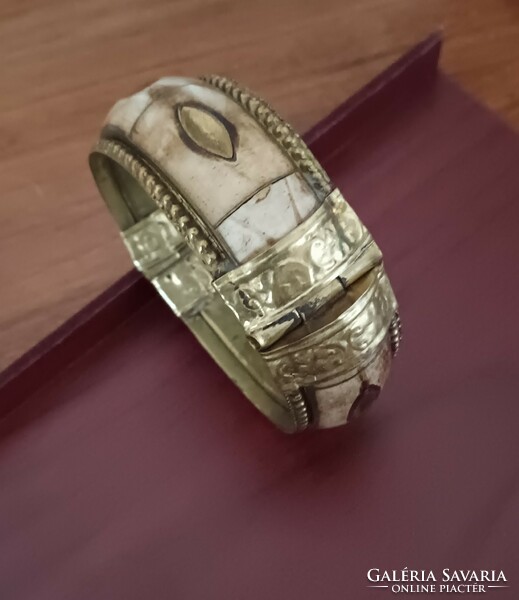 Indian copper bangle, rigid bracelet with bone inlay