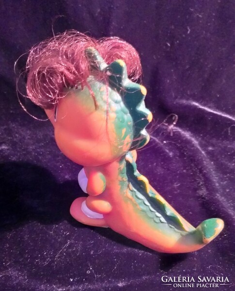 Retro whistle rubber toy dino dragon figure with braided hair 12 cm old