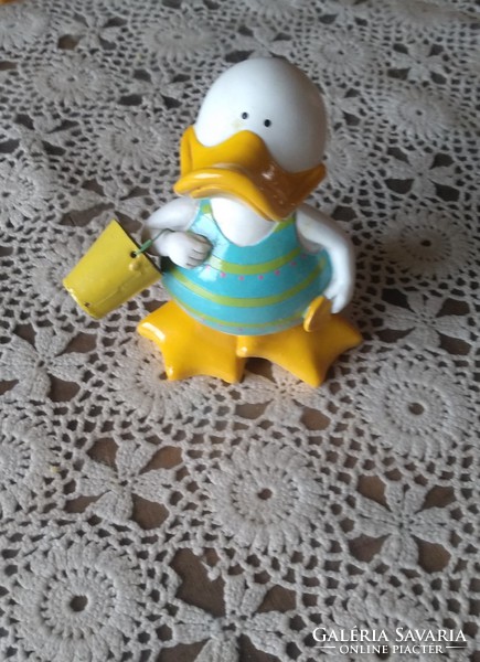 Ceramic duck, cheerful spring, Easter decoration, bucket