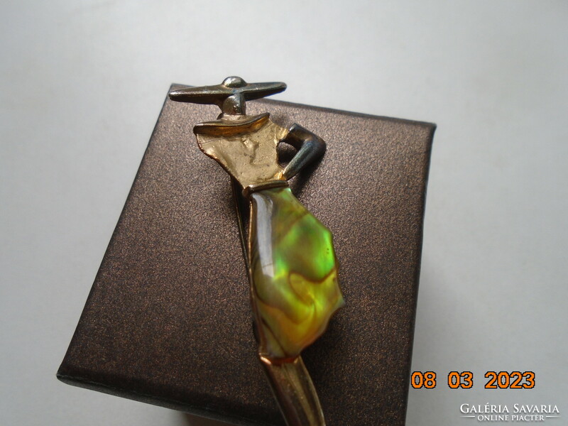 Art deco gold-plated silver-plated stylized hat lady brooch with colorful abalone skirt