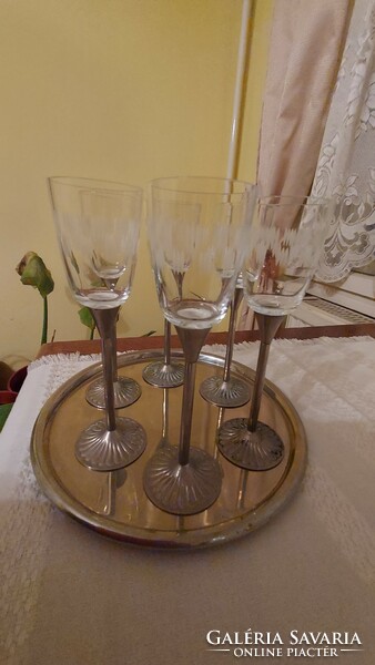 Set of glass glasses, chrome metal base, 6-piece set with tray, mid century