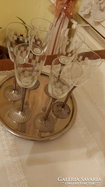 Set of glass glasses, chrome metal base, 6-piece set with tray, mid century