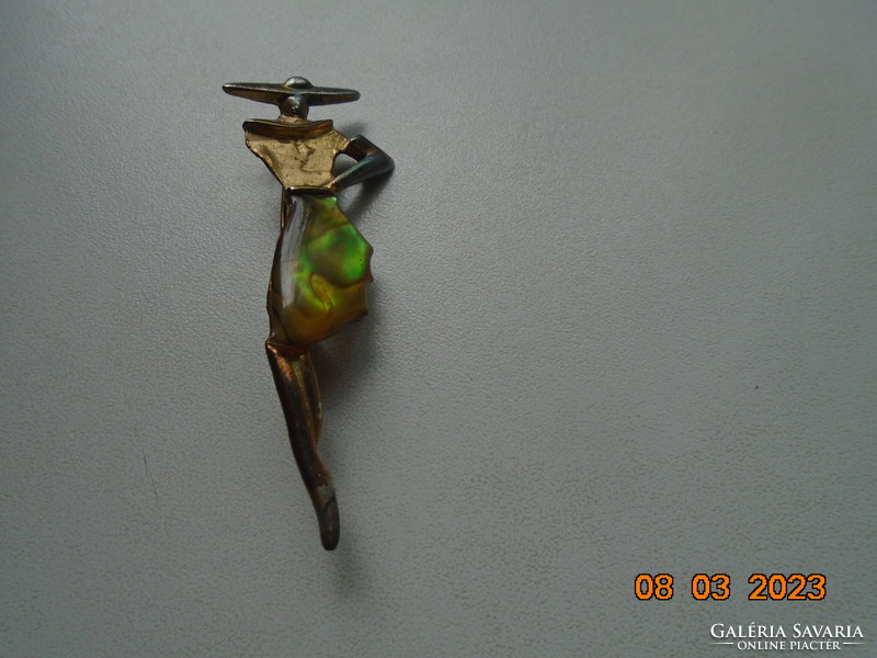 Art deco gold-plated silver-plated stylized hat lady brooch with colorful abalone skirt