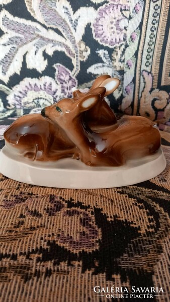 Zsolnay porcelain, pair of reclining deer