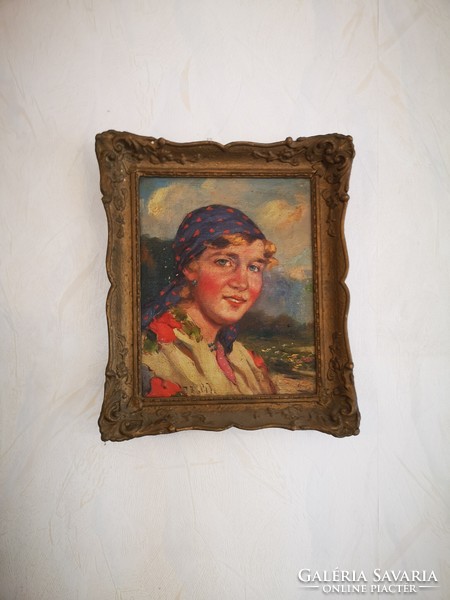 Antik hölgy portré festmény, népi ruhás jó hangulatú szépen megfestett festmény.Ivanácz Zsolt