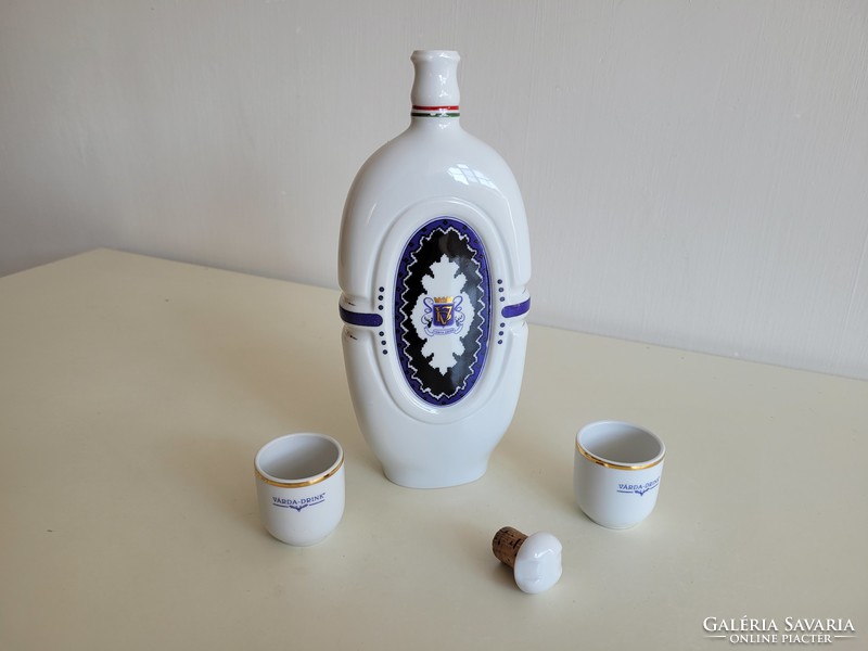 Régi Hollóházi porcelán palack retro Szatmári pálinka szilvapálinkás dugós üveg Várda Drink pohárral