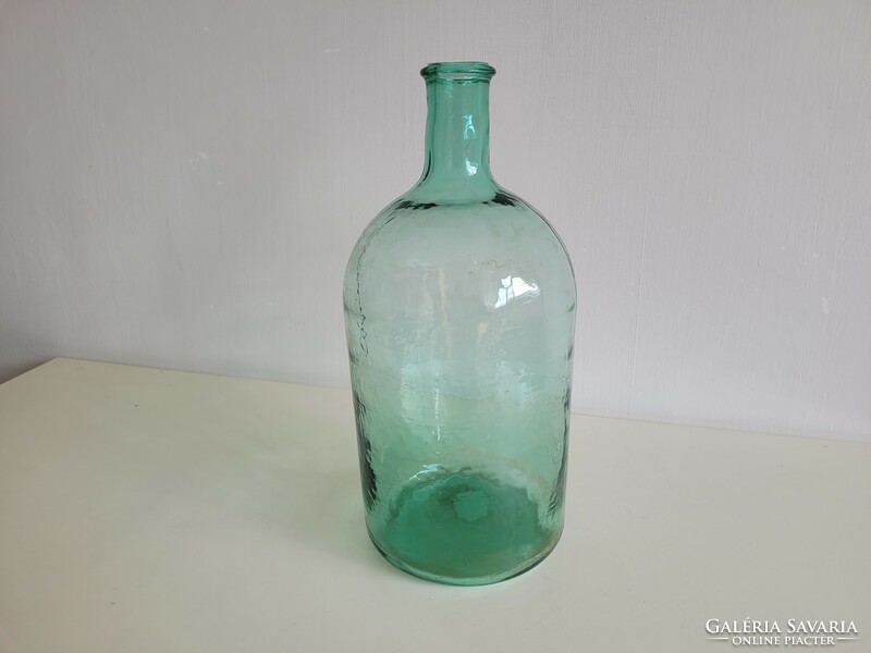 Régi nagy méretű 6 literes türkiz zöld lencsés üveg üvegpalack kúpos aljú ballon palack