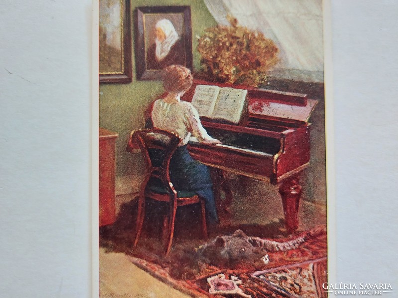 Régi képeslap 1925 művészeti levelezőlap hölgy zongora