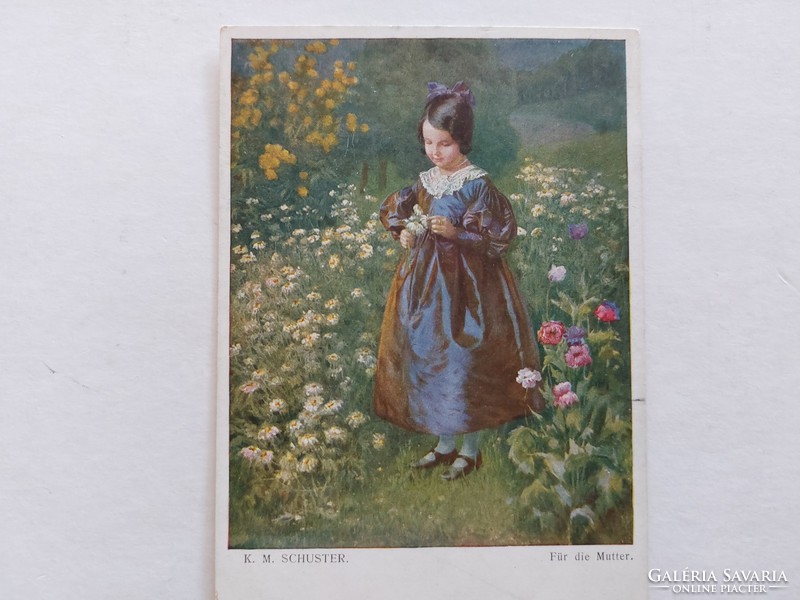 Old postcard postcard with little girl flowers