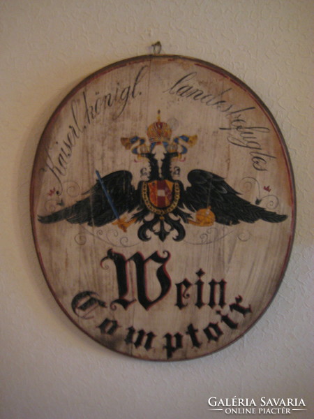 Régi osztrák bor nagy kereskedői cégér  ,  kézzel festett , ovális , fatábla  , 48 x 58 cm