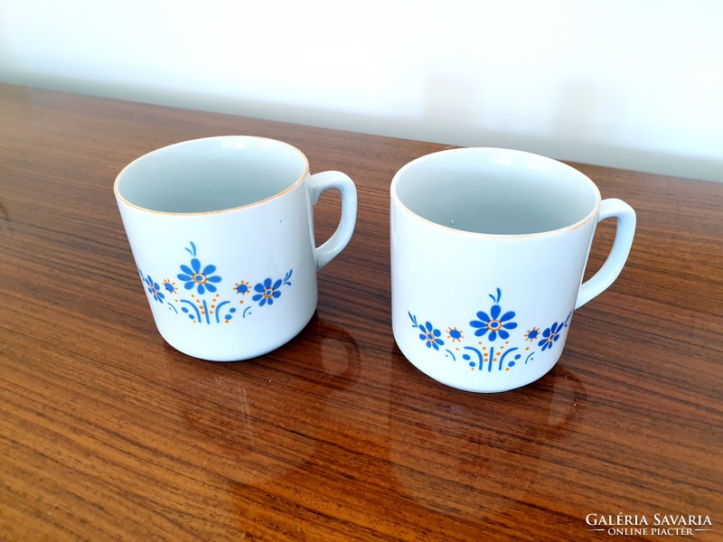 Old Zsolnay porcelain blue floral folk motif mug tea cup 2 pcs