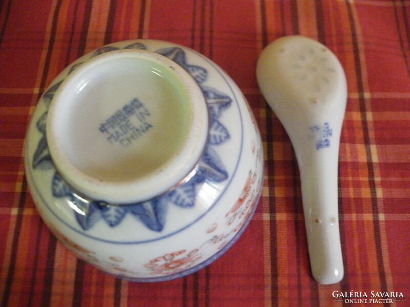 Kínai jelzett, porcelán rizses tálka, kanállal