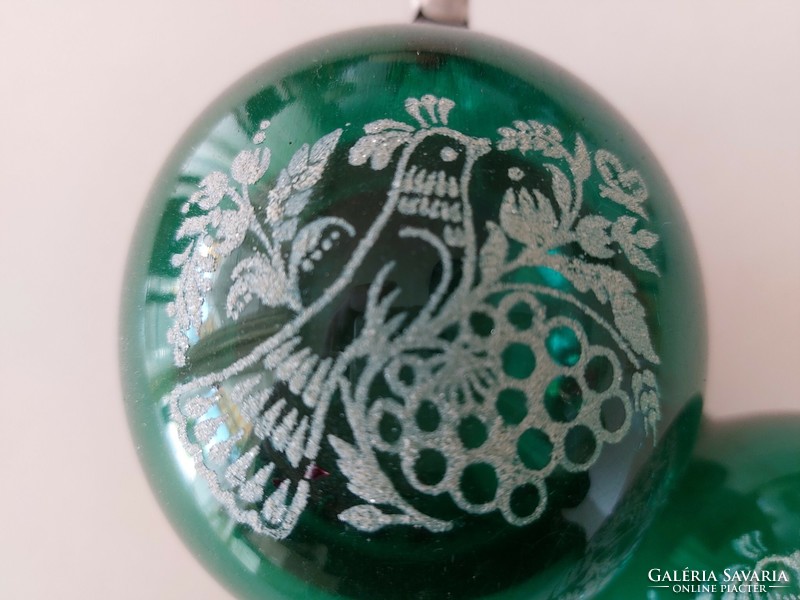Régi üveg karácsonyfadísz zöld gömb galamb mintás nagy üvegdísz 2 db
