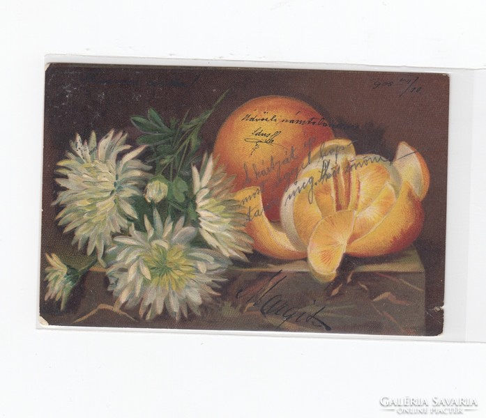 Üdvözlő képeslap csendélet 1905 CS:04 dombornyomott "Étel-ital-Gyümölcs"