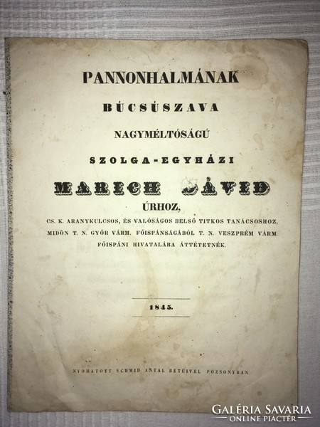 /1845/ Farewell speech to Mr. Dávid Marich, Pannonhalma. Printed with schmid antal letters!