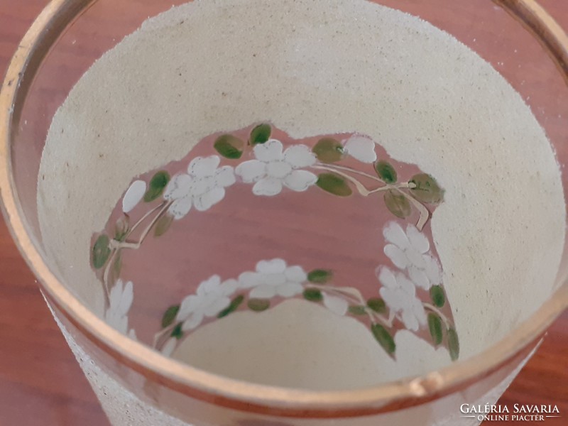 Antik zománcfestett virágos üveg pohár díszpohár