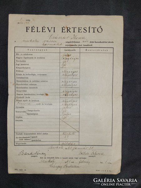 1941. Semester notice, Miskolc city commercial girls' secondary school