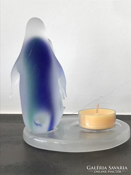 Kézműves üveg mécsestartó pingvinekkel, Partylite, 13 cm magas