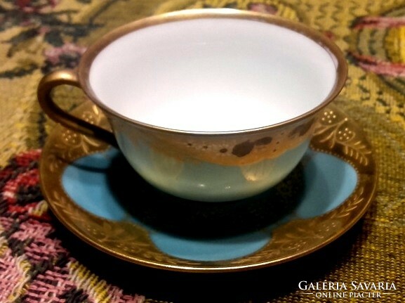 Antique hand-painted turquoise and gold beautiful porcelain cup and  saucer - from 1914