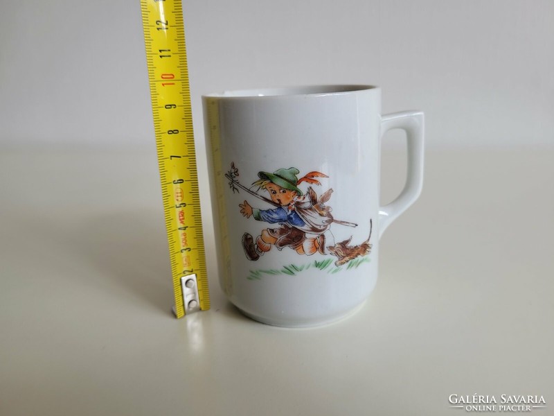 Old Zsolnay porcelain mug fairy tale patterned teacup boy bunny dog motif