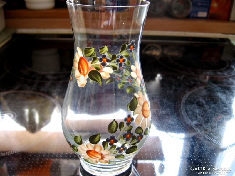 Margarétás, nefelejcses kézzel festett üveg váza