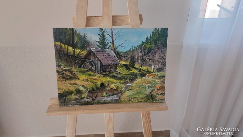 (K) Szép tájképfestmény patakkal, házzal 45x33 cm