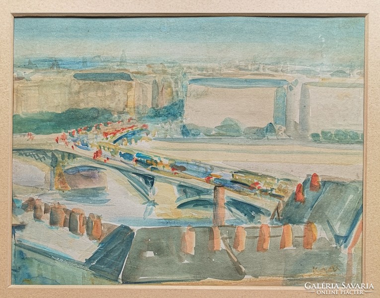 Margaret Bridge, Budapest. Signed watercolor painting. With strong colors.