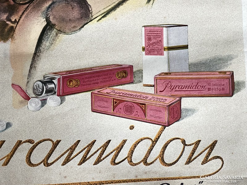 Eredeti PYRAMIDON gyógyszer reklám plakát, patikai gyógyszertári reklám 1920-30 körüli