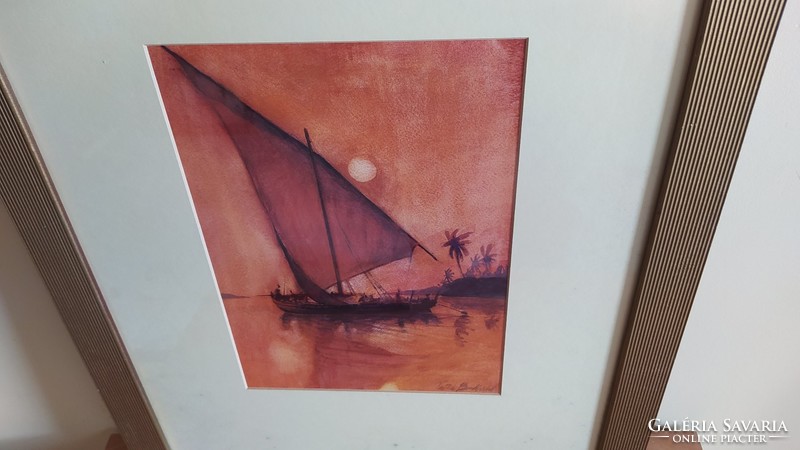(k) Nívós festmény (Bradford?) hajó 51x63 cm kerettel