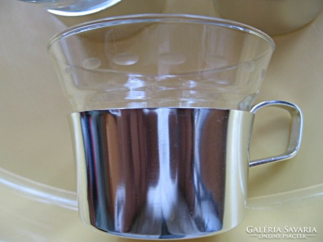 WMF teás, bólés üveg pohár készlet  fém tartóban, alátétekkel, cukrossal