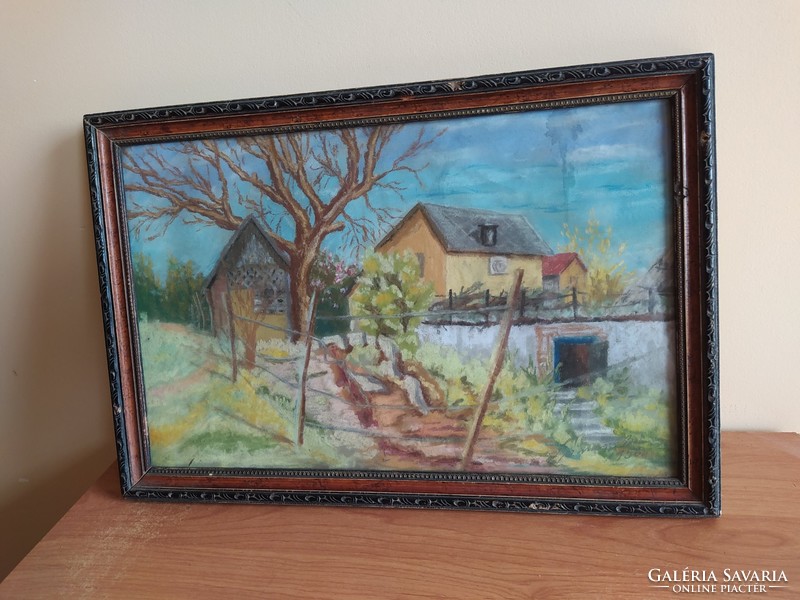 Szép falu/tanyarészlet festmény (Somogyi Béla?) 1956-ból  52x37 cm kerettel