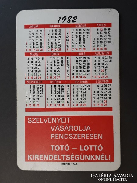 Régi Kártyanaptár 1982 - Nagy nyeremény Minden héten Totó - Lottó felirattal - Retró Naptár