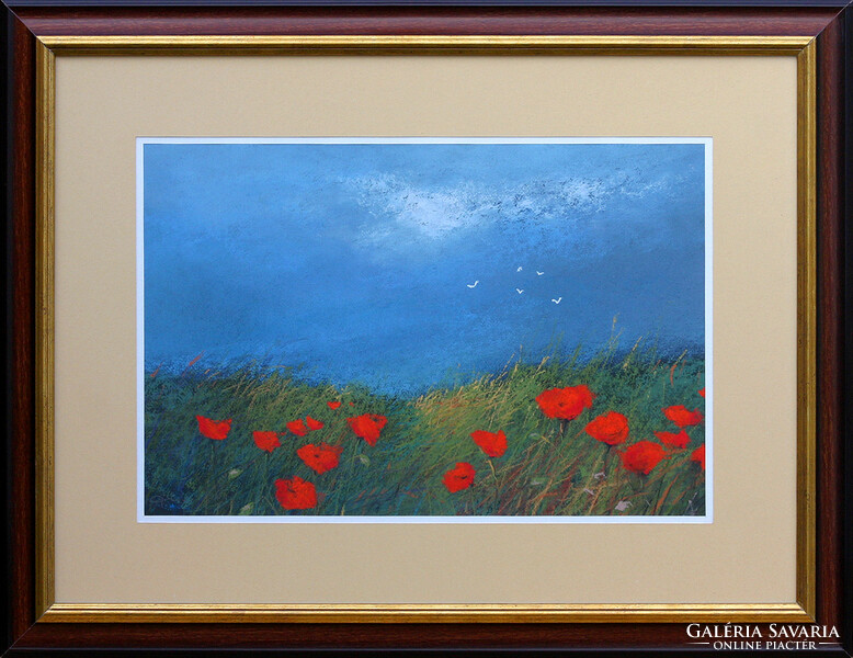 Ede Pósa: Meadow with poppies - framed: 60x70 cm - artwork size: 36x46 cm - mf/21/113