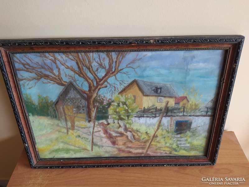 Beautiful village/farm detail painting (Béla Somogyi?) From 1956 with frame 52x37 cm