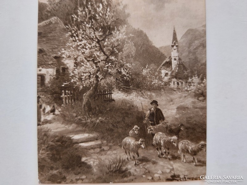 Régi húsvéti képeslap levelezőlap tavaszi tájkép bárányok templom