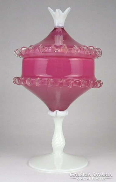 1M342 antique large pink blown glass bonbonnier with base 27 cm