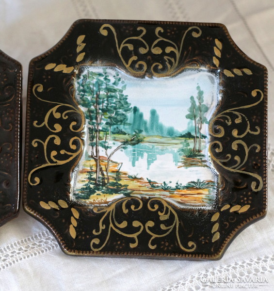 Pair of antique, hand-painted and gilded faience tiles depicting a landscape, decorative tiles