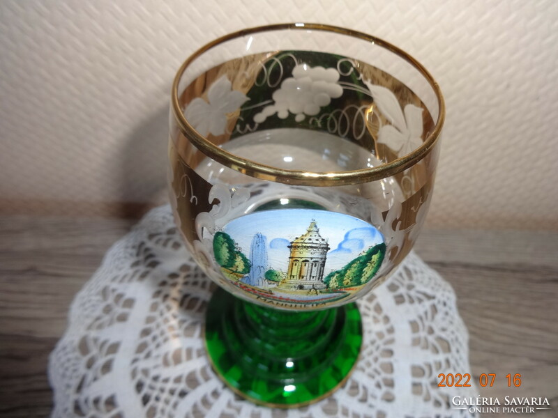 Old Roemer (römer) wine glass, goblet, commemorative glass (mannheim) with a green base, decorated with a grape pattern