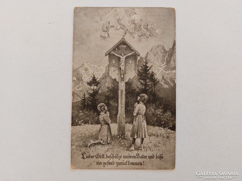 Régi képeslap 1917 levelezőlap kereszt kislányok katonák