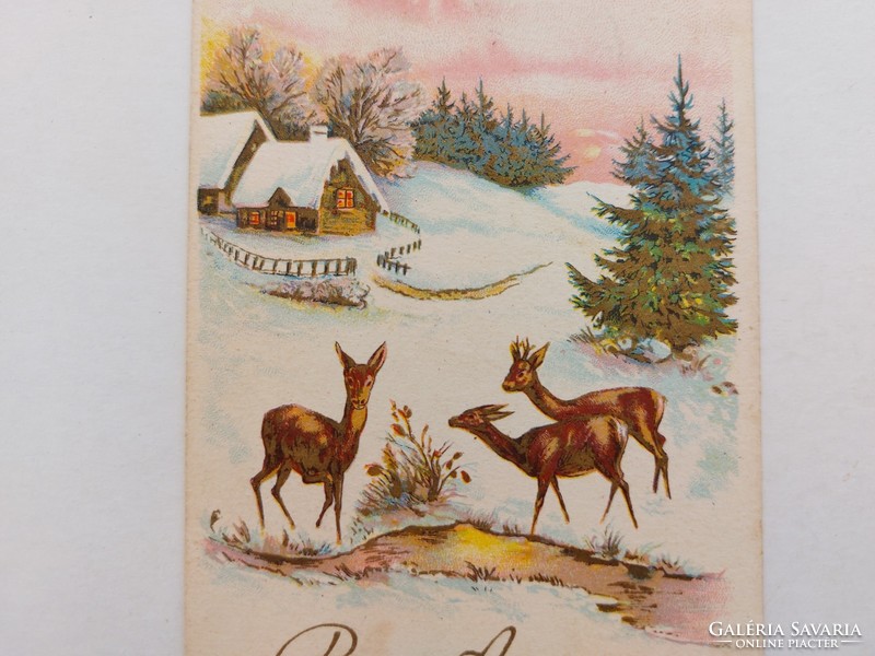 Old Christmas postcard 1941 postcard fawn blue snowy landscape