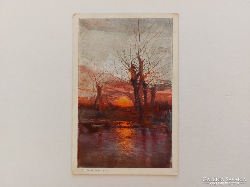 Régi képeslap 1912 művészeti levelezőlap tájkép naplemente