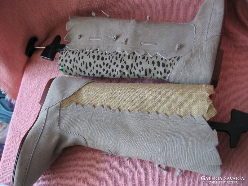 Italian beige leather - ocelot polka dot canvas fashion boots