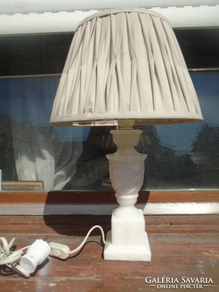Beautiful, elegant, alabaster (Carara marble?) table lamp works perfectly. Beautiful shade! Antique
