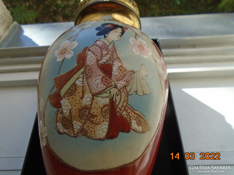 Antique Japanese porcelain, bronze and ormolu vase with geisha, cherry blossom, fo dog, restored