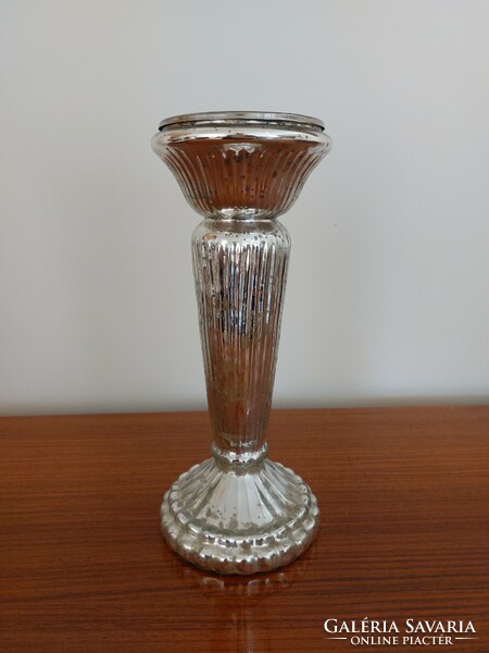 Üveg gyertyatartó ezüst foncsorozott 26 cm