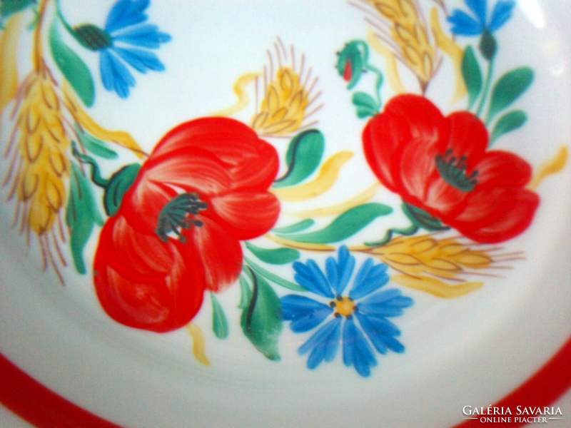Piros pipacs mintás kézifestett  porcelán fali tányér, búzavirág és kalász