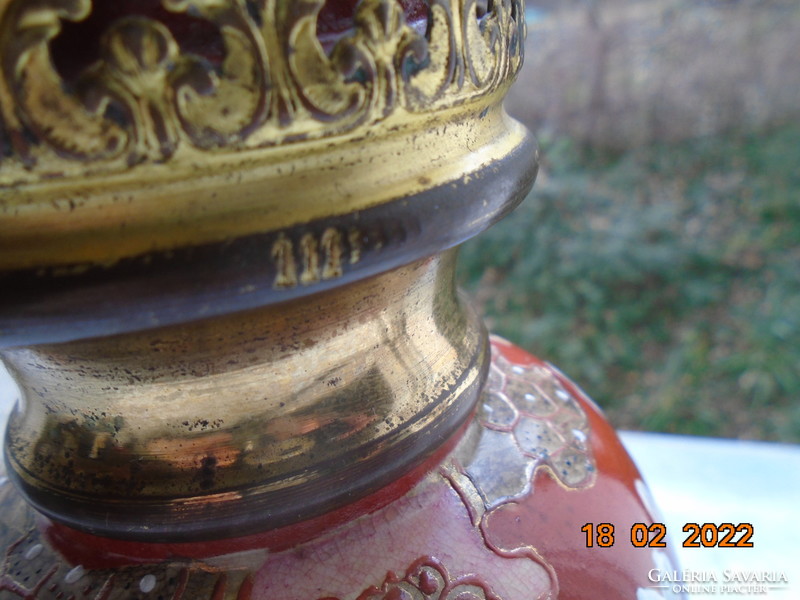 Antik japán porcelán és aranyozott bronz váza Gésával, cseresznye virággal, Fo kutyával ,restaurált
