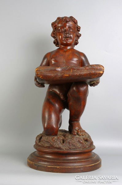 Antique carved wooden statue, putto, pedestal 73.5 cm high