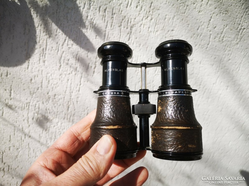 Antique marked binoculars, original leather box, chrome and Budapest Alpenglas,