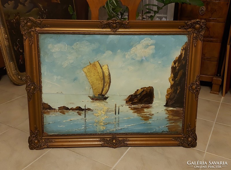 Parányi p. István antique painting! Sailing on the sea!